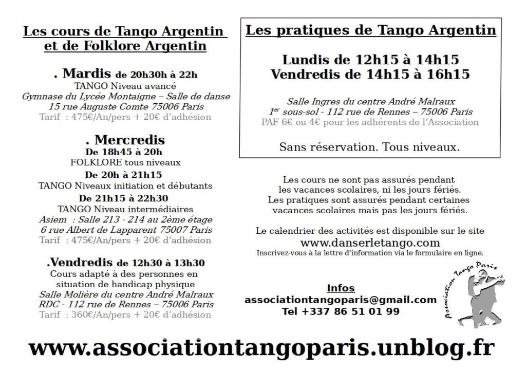 Les cours et pratiques hebdomadaires à Paris de Tango Argentin et Folklore Argentin avec Charlotte Millour et Maximiliano Colussi